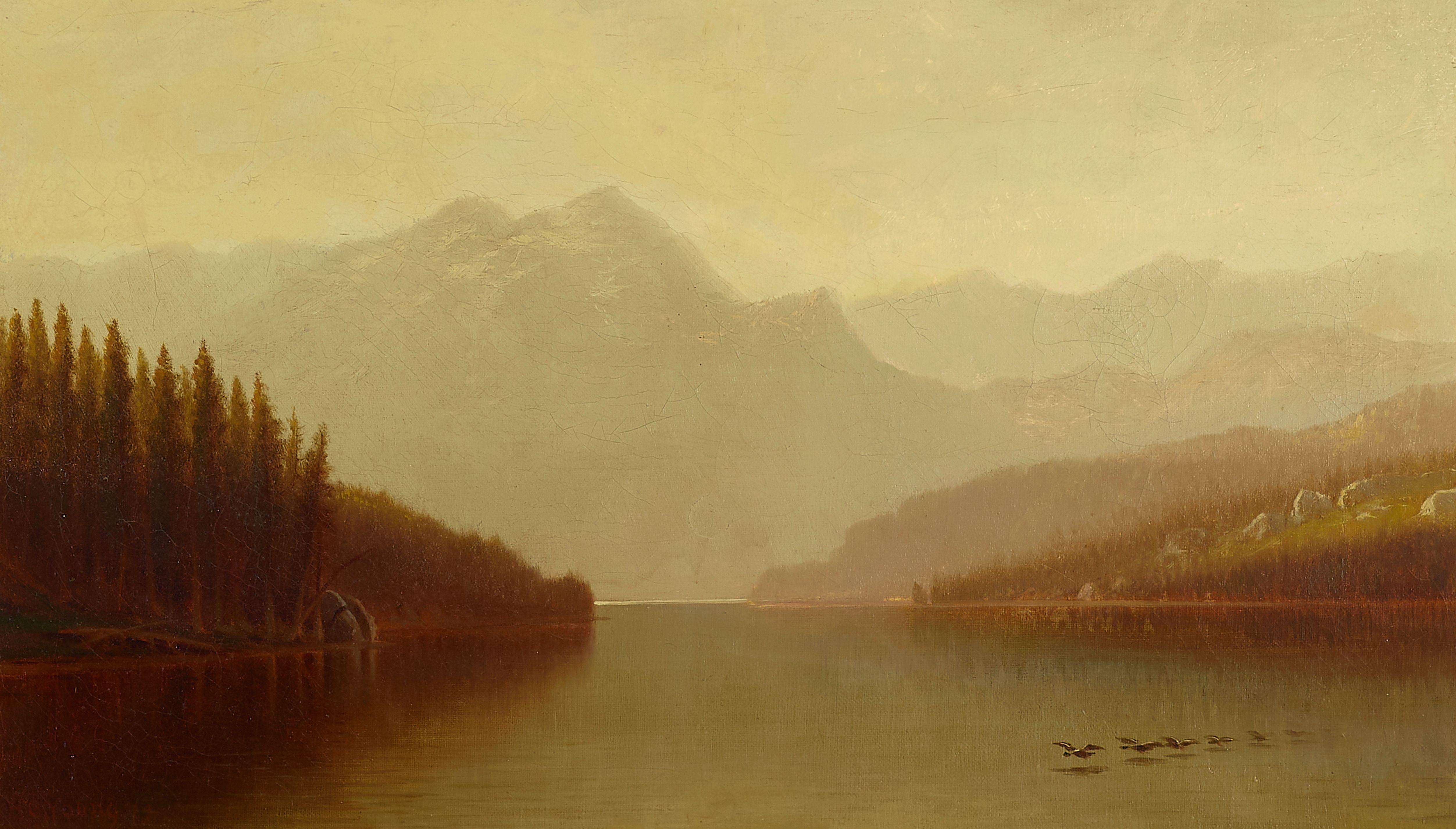 Harvey Otis Young - Mountain Lake with Ducks 12 x 20 in. framed 16 x 24 in.