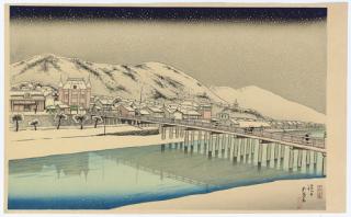 Hashiguchi Goyo - Kyoto Sanjo Ohashi (Great Bridge at Sanjo, Kyoto), 1920.1 Kobe no yoizuki (Evening moon at Kobe), 1920.1 Yabake (Rain at Yabake), 1918