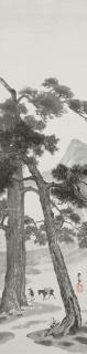 Hashiguchi Goyo - Traveler passing under shoreline pines