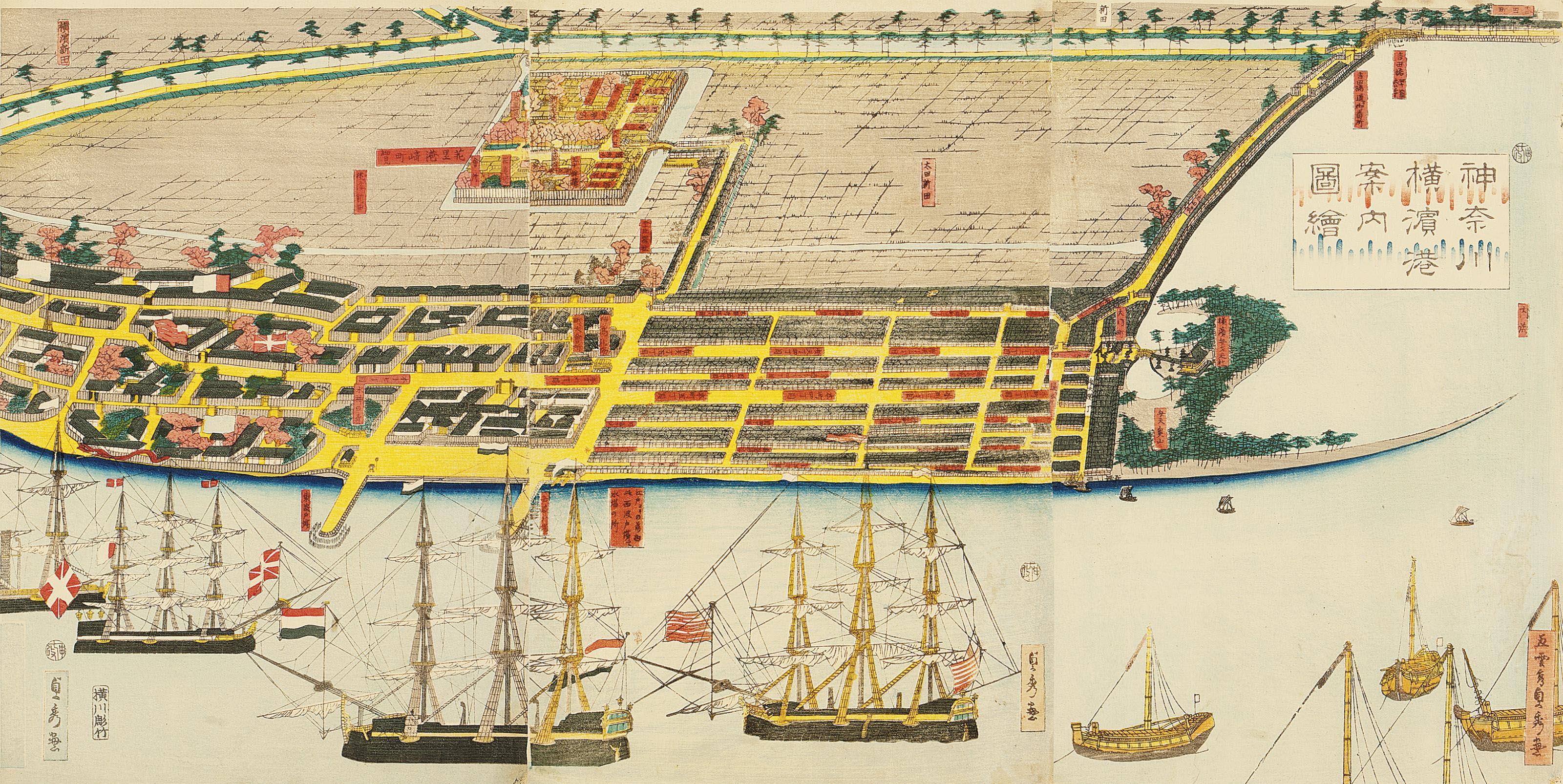 Hashimoto Sadahide - Kanagawa Yokohama annai zue [A guide to Yokohama harbour, Kanagawa] right-hand sheet signed Gountei Sadahide ga, other two sheets signed Sadahide ga, good impression, slight fading and light staining