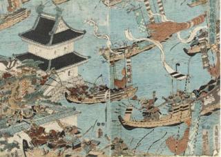 Hashimoto Sadahide - Two sheets of a polyptych entitled Minamoto Yorinobu Taira Tadatsune Oshiino shiro mizuzeme zu (Water battle between Minamoto Yorinobu and Taira Tadatsune at Oshii Castle)