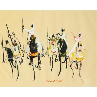 Hassan El Glaoui - Six Cavaliers De Facehassan El Glaoui ; Six Horsemen ; Signed Lower Right ; Gouache On Beige Paper