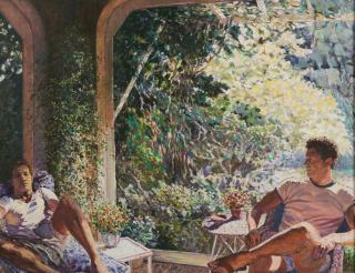 Hazard Durfee - The Screened Porch Signed l.l., titled in inscription and label on the stretcher. Oil on canvas, 34 1/4 x 43 3/4 in., framed.