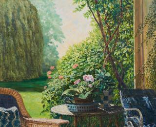 Hazard Durfee - View from the Porch signed \'Durfee\' (lower right), titled and dated \'...1996\' on a tag (affixed to the frame) 36 x 44 in.