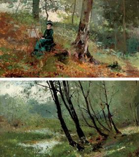 Hector Caffieri, R.I., R.B.A. - A lady artist in a wood; and A wooded river landscape