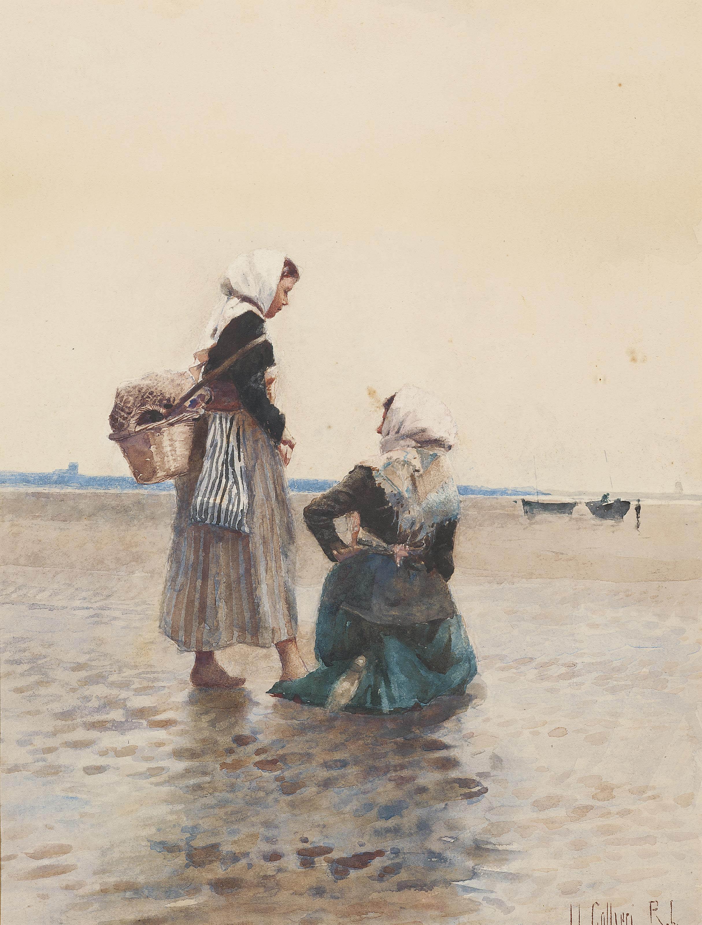 Hector Caffieri, R.I. - Two fisherwomen on the beach at low tide (illustrated); and Two young boys in a dinghy on a calm day