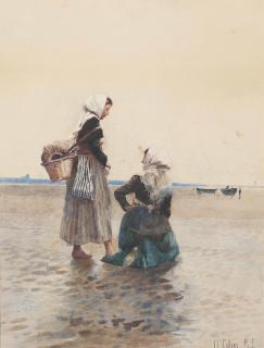 Hector Caffieri, R.I. - Two fisherwomen on the beach at low tide (illustrated); and Two young boys in a dinghy on a calm day