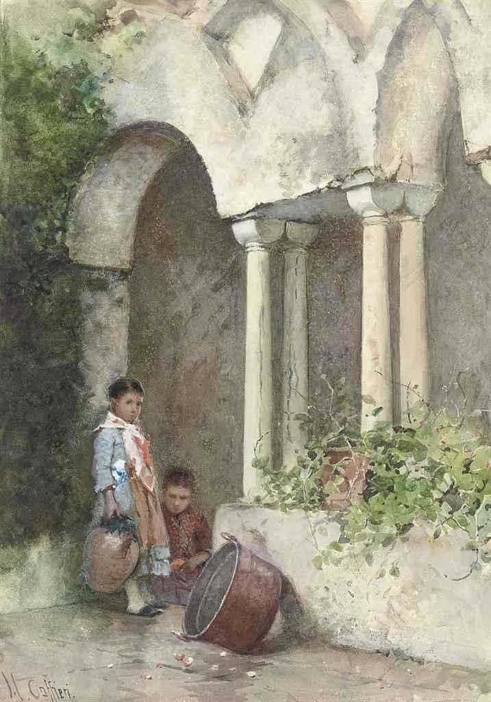 Hector Caffieri, R.I. - Two Mexican children in a courtyard