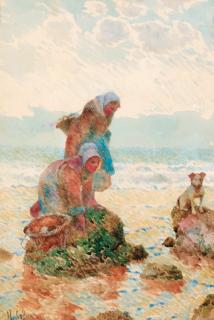 Hector Caffieri - Figures on a beach gathering mussels with a dog
