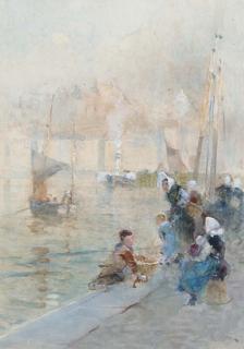 Hector Caffieri - Fisherwomen with their children on the quayside