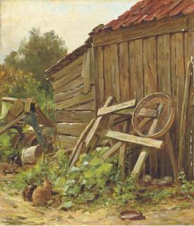 Hector Chalmers - Rabbits Beside A Barn