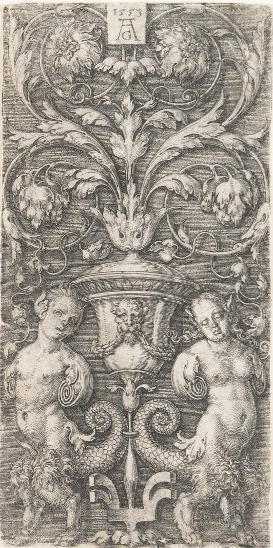 Heinrich Aldegrever - Aus einer Vase zwischen zwei Chimären aufsteigendes Ornament