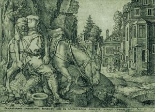 Heinrich Aldegrever - Der gute Samariter legt den Überfallenen auf den Esel