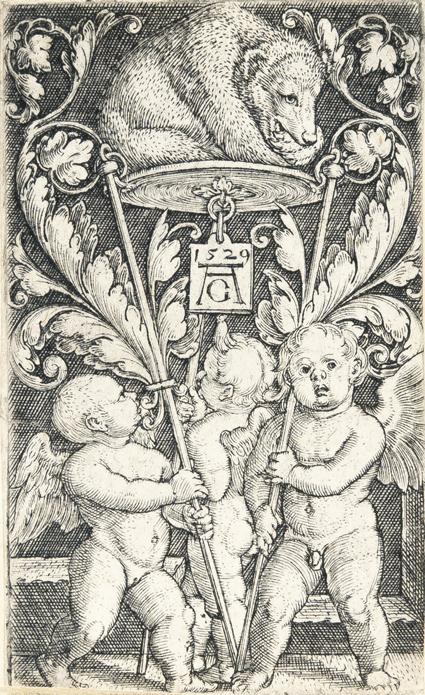 Heinrich Aldegrever - Drei Amoretten, einen Bären auf einem Tablett tragend