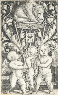 Heinrich Aldegrever - Drei Amoretten, einen Bären auf einem Tablett tragend