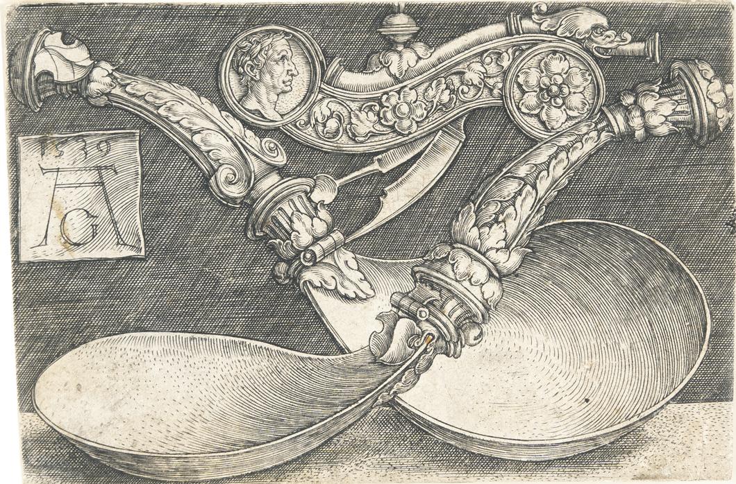 Heinrich Aldegrever - Entwurf für zwei Löffel und eine Hundepfeife