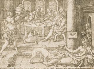 Heinrich Aldegrever - Lazare couché à la Porte du Mauvais Riche, demande seulement les miettes qui tombent de sa table (Bartsch VIII, 45)