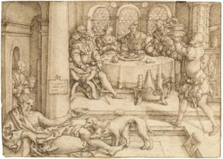 Heinrich Aldegrever - Lazarus begging for Crumbs from Dives\'s Table (Luke 16:19-31)