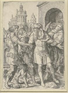 Heinrich Aldegrever - Lot Prevents the inhabitants of Sodom from Violence (Bartsch, Hollstein 15)