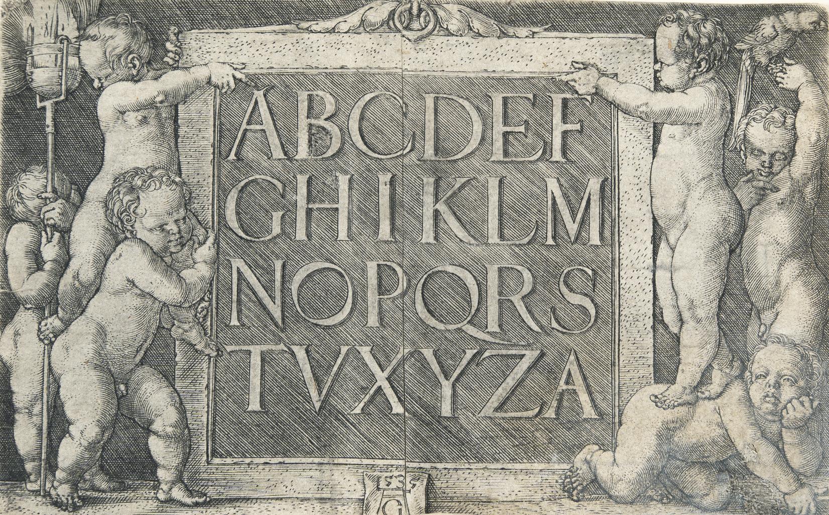 Heinrich Aldegrever - Sechs nackte Knaben um ein Paneel mit dem lateinischen Alphabet