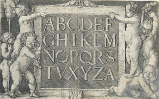 Heinrich Aldegrever - Sechs nackte Knaben um ein Paneel mit dem lateinischen Alphabet
