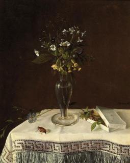 Heinrich Brüne - A bouquet of wild flowers in a glass vase on a draped table
