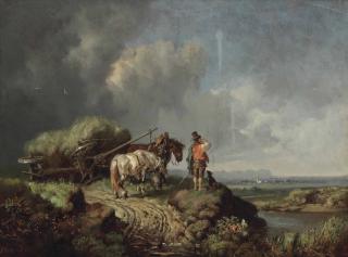 Heinrich Bürkel - A landscape with a fallen hay wain