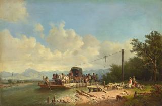 Heinrich Bürkel - A landscape with figures on a river ferry