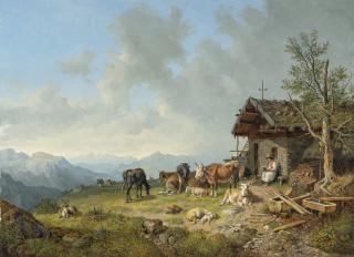 Heinrich Bürkel - Alm im Hochgebirge mit Sennerin