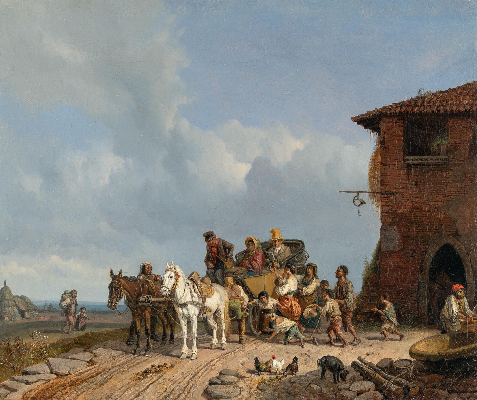 Heinrich Bürkel - Bettleranfall an einer italienischen Poststation