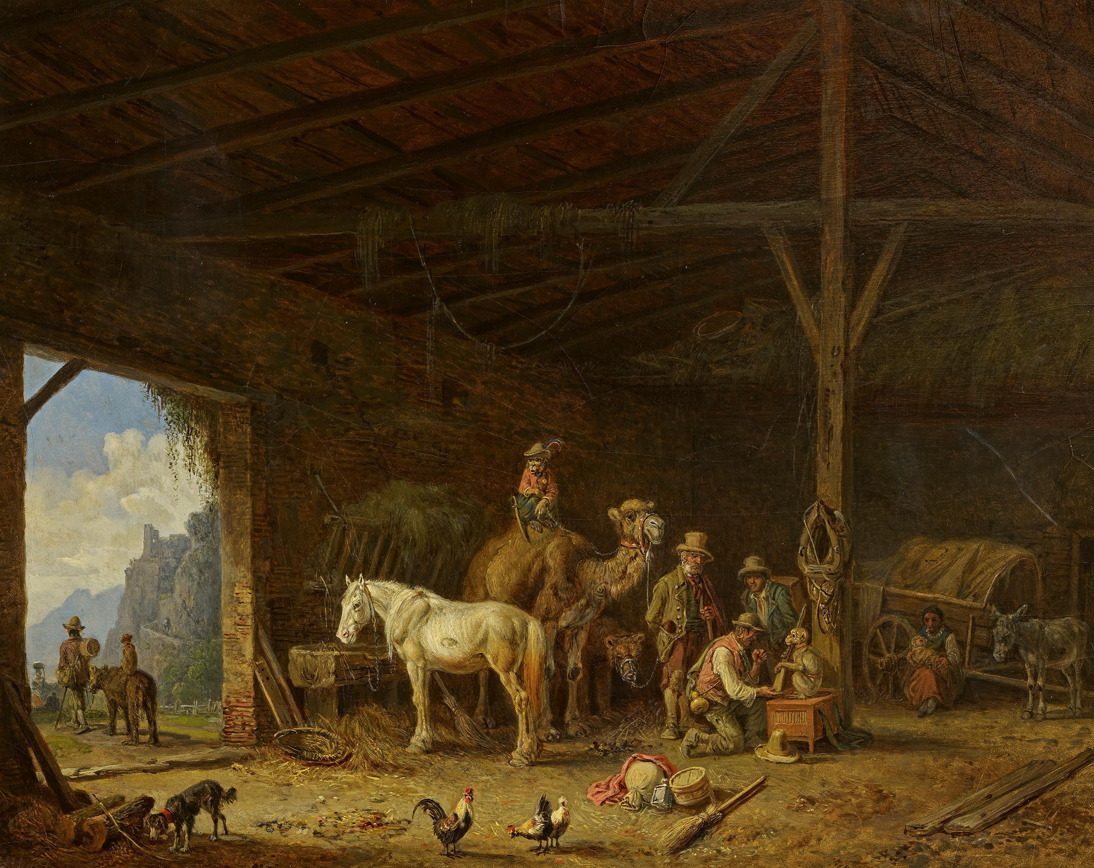 Heinrich Bürkel - Menagerie bei der Rast in der Scheune.
