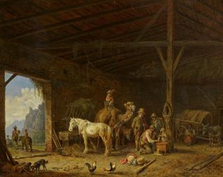 Heinrich Bürkel - Menagerie bei der Rast in der Scheune.