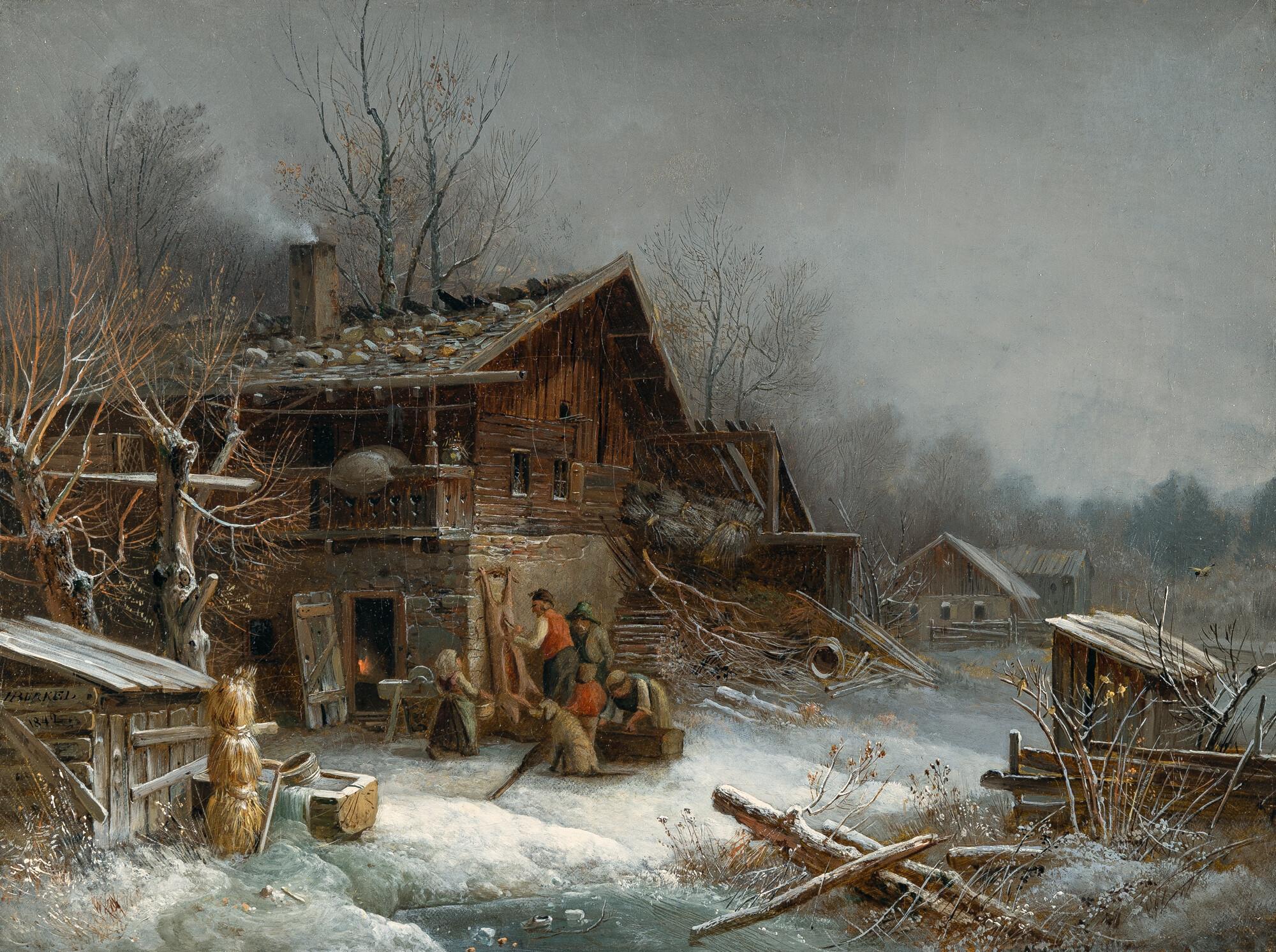 Heinrich Bürkel - Winterliches Dorf mit Schweineschlachtung