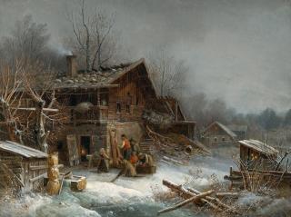 Heinrich Bürkel - Winterliches Dorf mit Schweineschlachtung