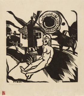 Heinrich Campendonk - Sitzender weiblicher Akt in Landschaft mit Bauernhaus.