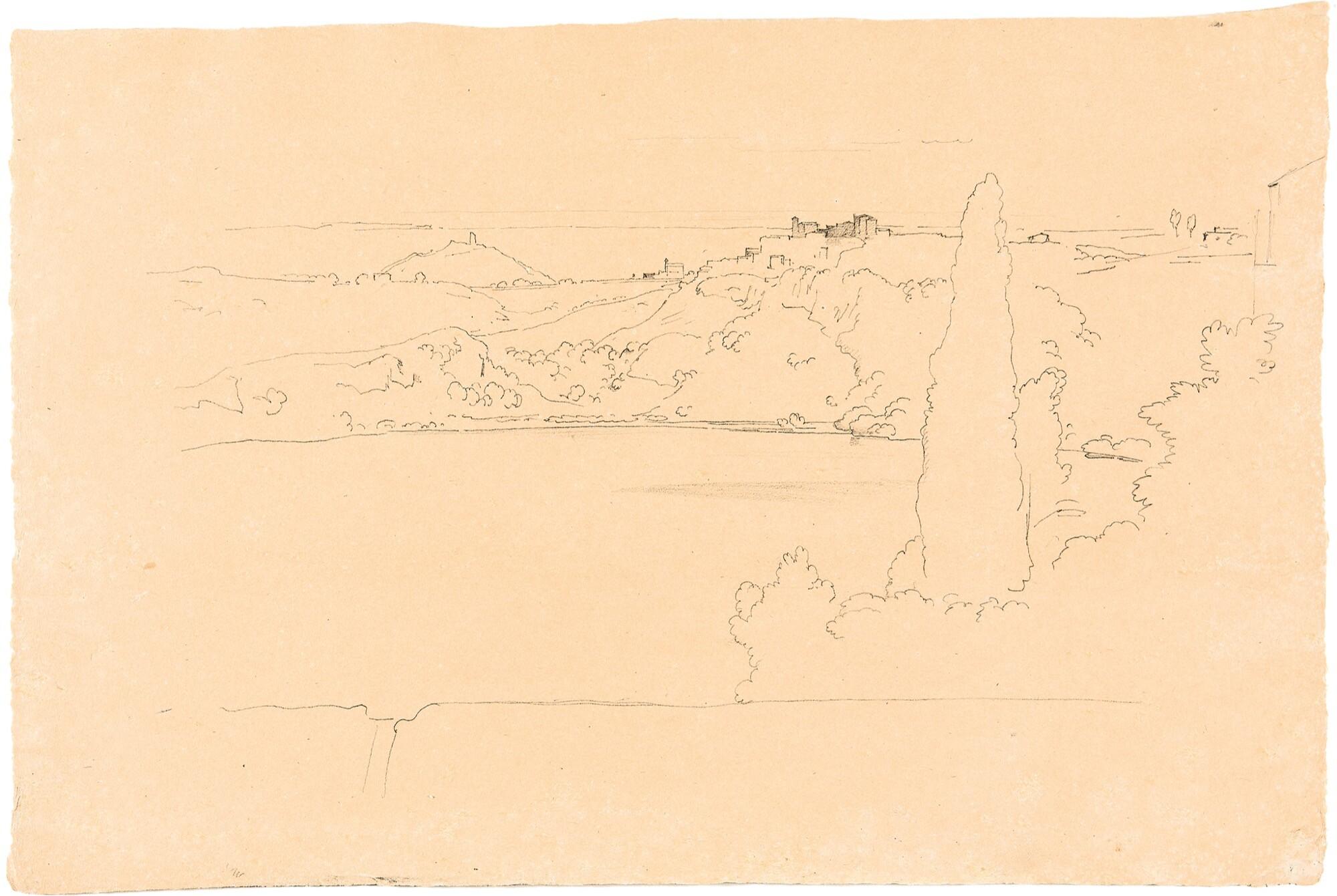 Heinrich Dreber - Südliche Landschaftsimpression mit Bergstädtchen über einem See.