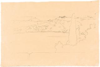 Heinrich Dreber - Südliche Landschaftsimpression mit Bergstädtchen über einem See.