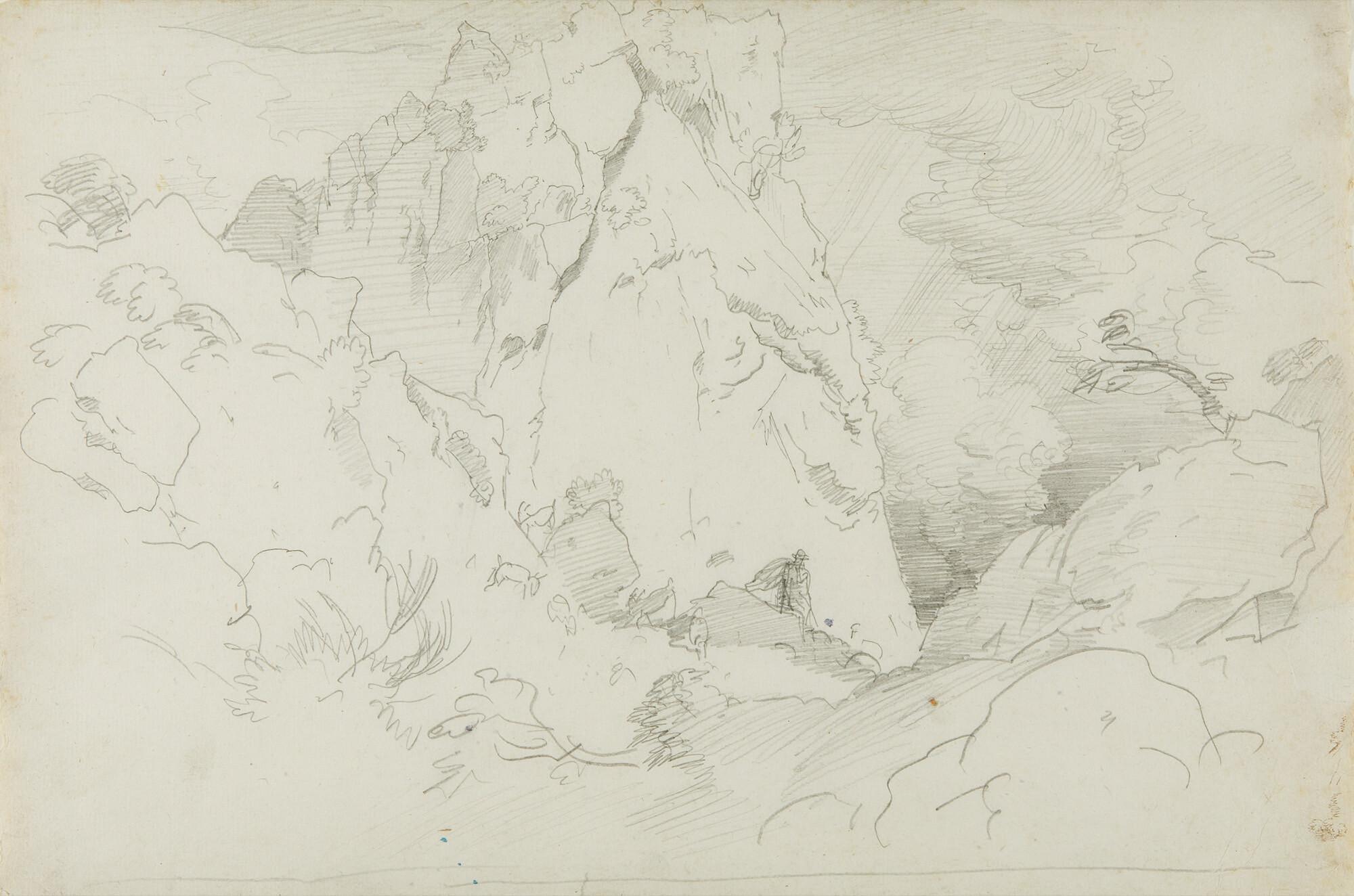 Heinrich Dreber - Ziegenhirte vor einer hohen Felswand, rechts Regenguss bei