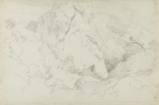 Heinrich Dreber - Ziegenhirte vor einer hohen Felswand, rechts Regenguss bei