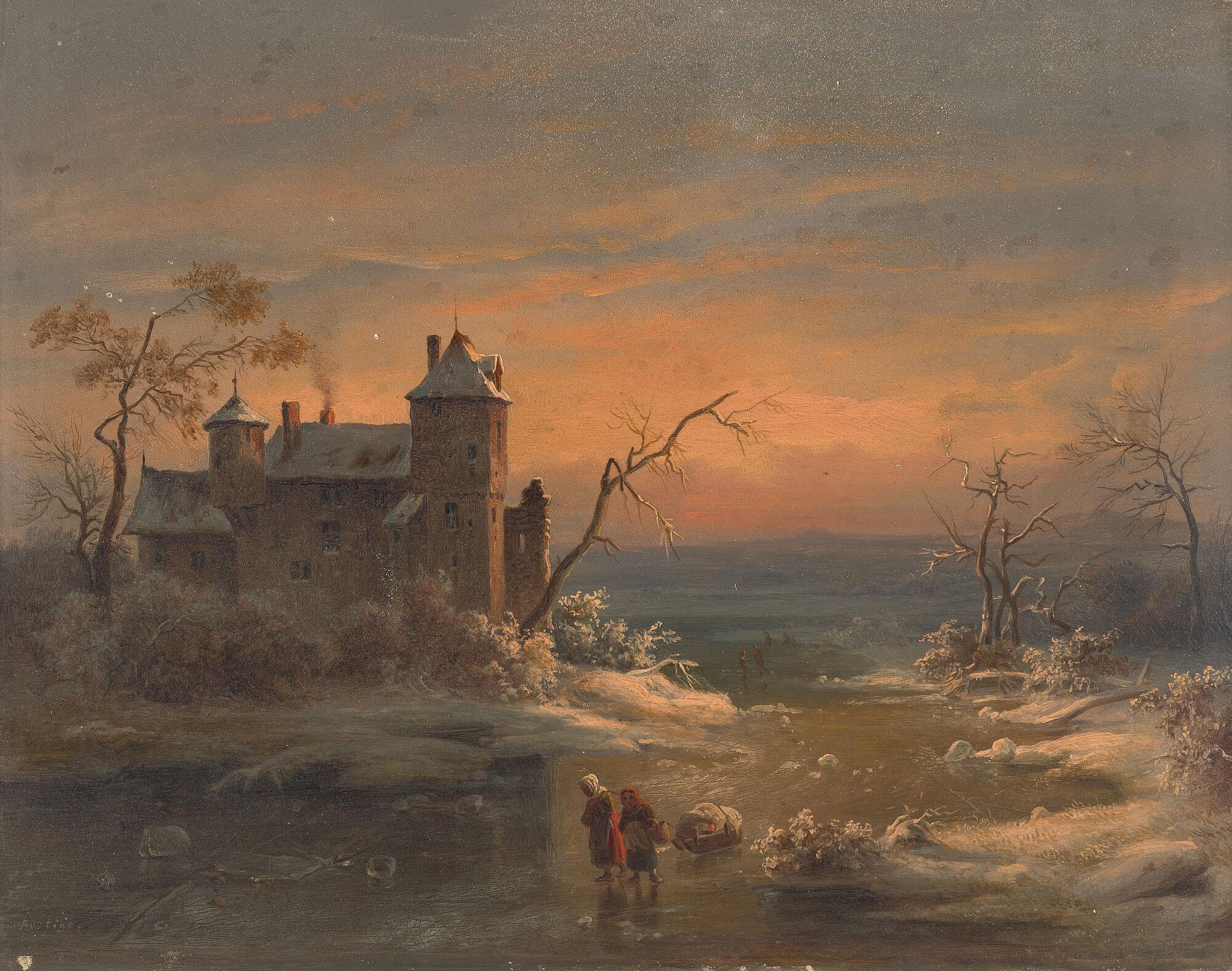 Heinrich Franz Gaudenz von Rustige - Abendliche Winterlandschaft mit zwei Frauen auf dem Eis.