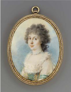 Heinrich Friedrich Füger - A fine miniature of a young lady, in white dress with elaborate lace border and gold laced turquoise bodice, sapphire and pearl necklace, long powdered curling hair