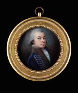 Heinrich Friedrich Füger - A young officer, facing right in a Hungarian uniform, fur bordered blue coat with silver lacing, frilled cravat, powdered hair