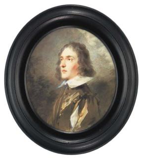 Heinrich Friedrich Füger - An important miniature of a young gentleman, facing left in brown doublet with wide white collar, the sleeves slashed to reveal white, curling powdered hair; foliate background