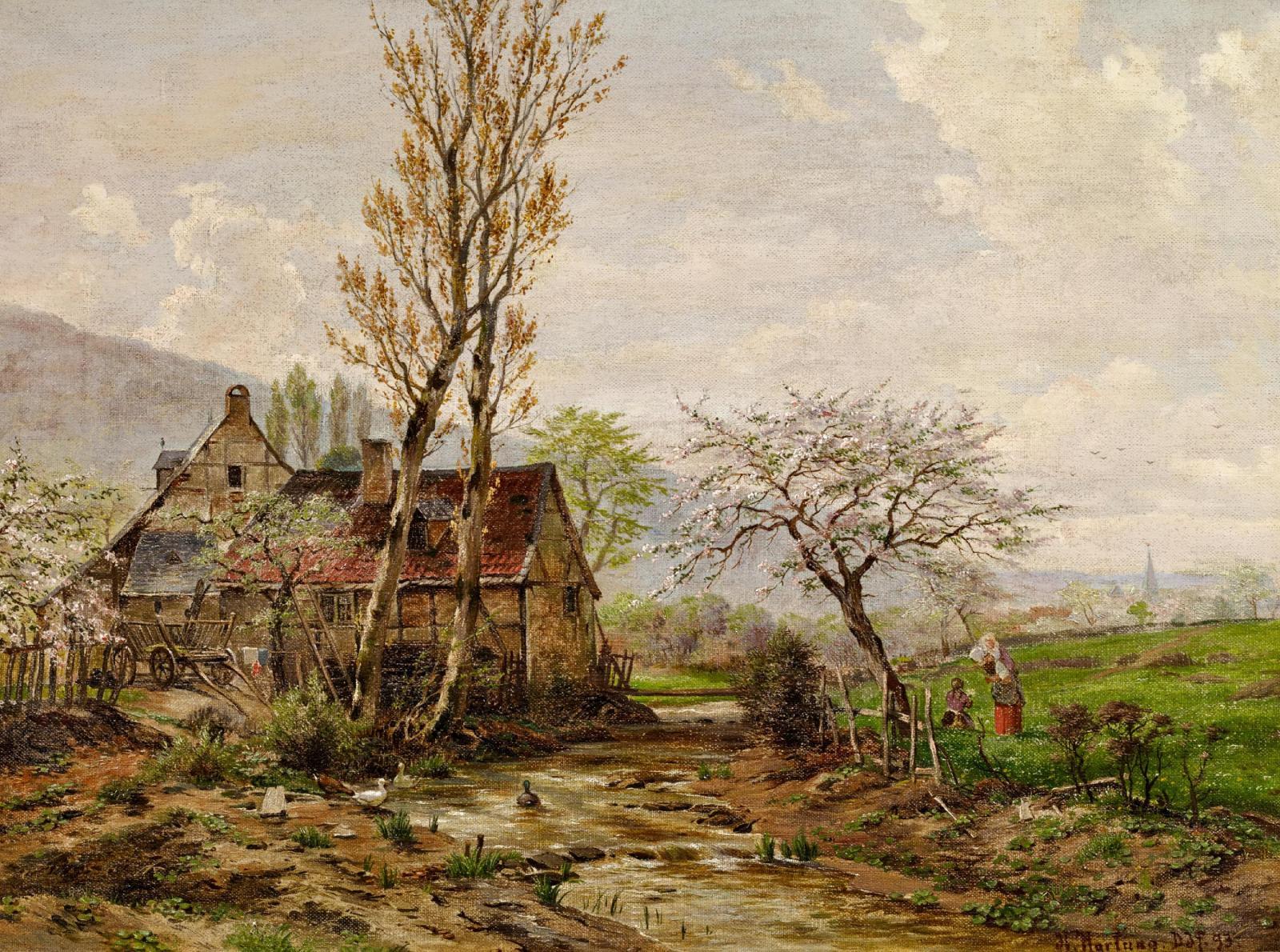 Heinrich Hartung - Kinder auf der Frühlingswiese am Gehöft