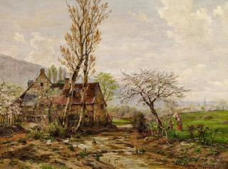 Heinrich Hartung - Kinder auf der Frühlingswiese am Gehöft