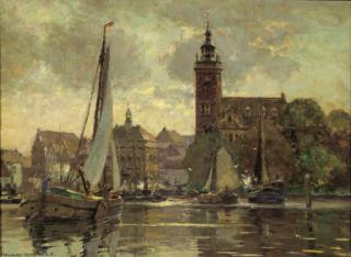 Heinrich Hermanns - A view of a town with boats in the harbour, Northern Germany?