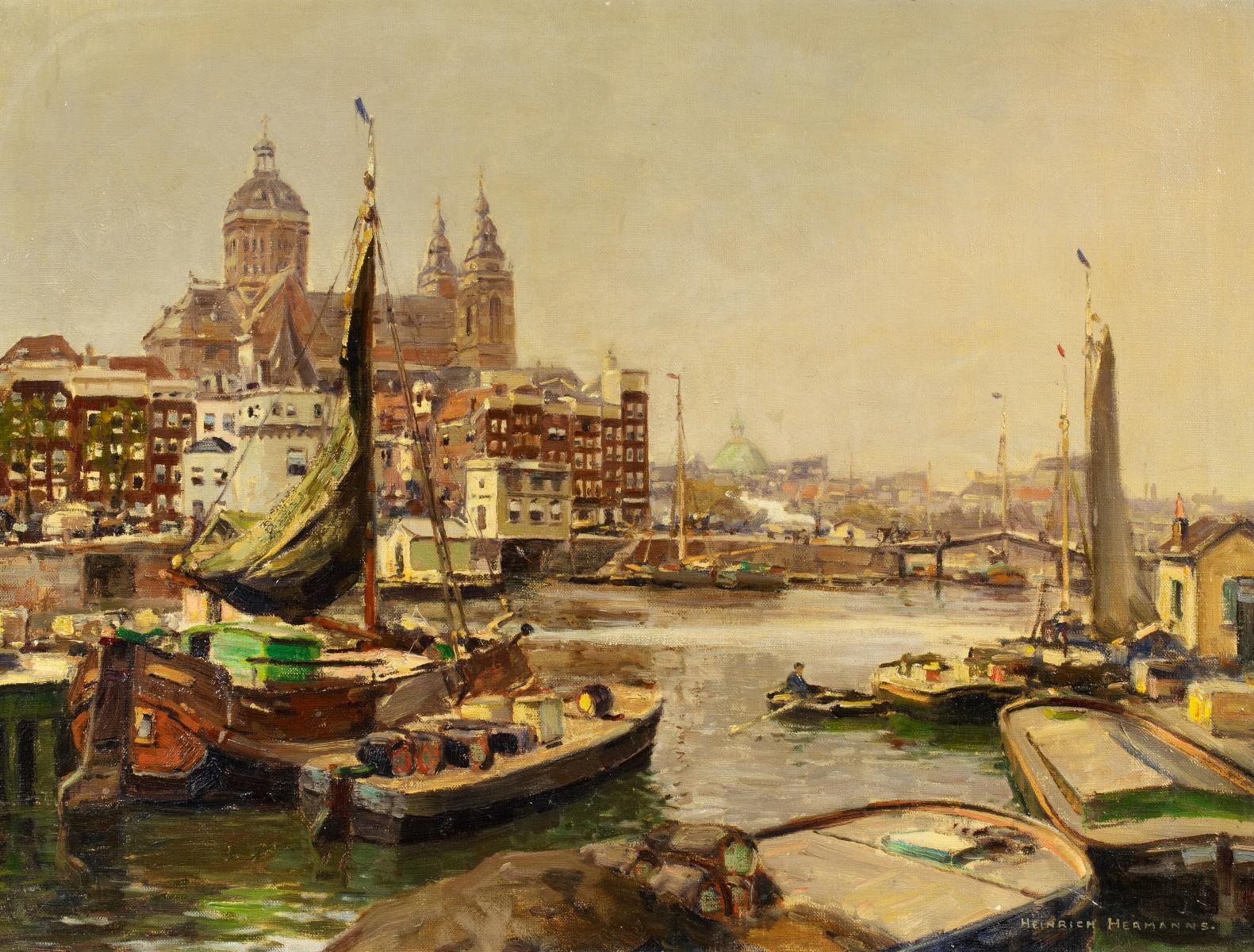 Heinrich Hermanns - Im Hafen von Amsterdam mit der Sint-Nicolaaskerk
