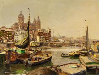 Heinrich Hermanns - Im Hafen von Amsterdam mit der Sint-Nicolaaskerk