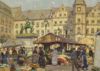 Heinrich Hermanns - Marktstände in Düsseldorf unterhalb des Reiterdenkmals des Jan Wellem