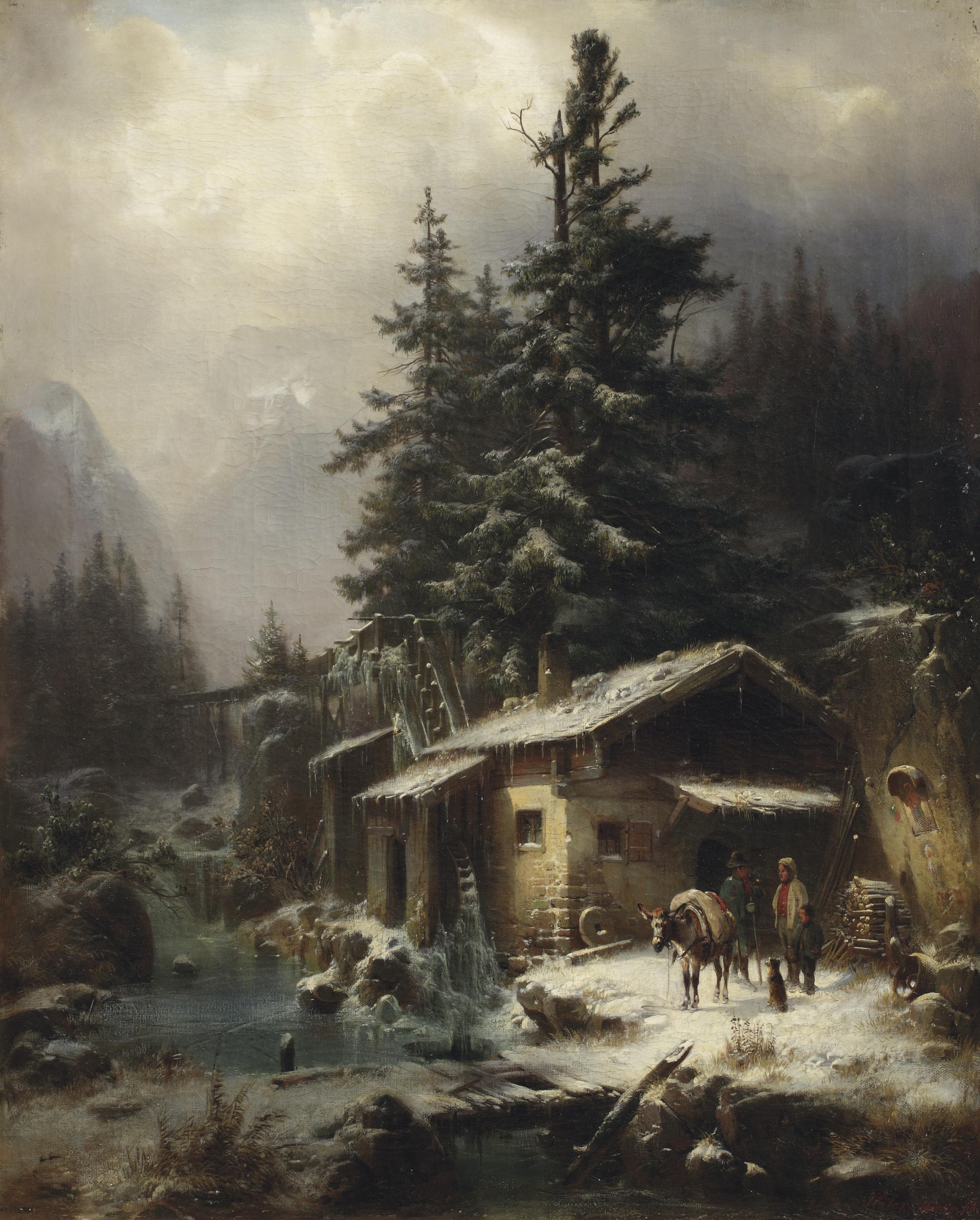 Heinrich Höfer - A winter landscape with figures resting near a water mill